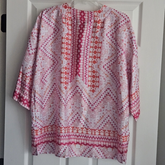 Investments 3/4 Sleeve Open Front Kimono: Magenta/White/Orange Mosaic Tile Print - Picture 2 of 12
